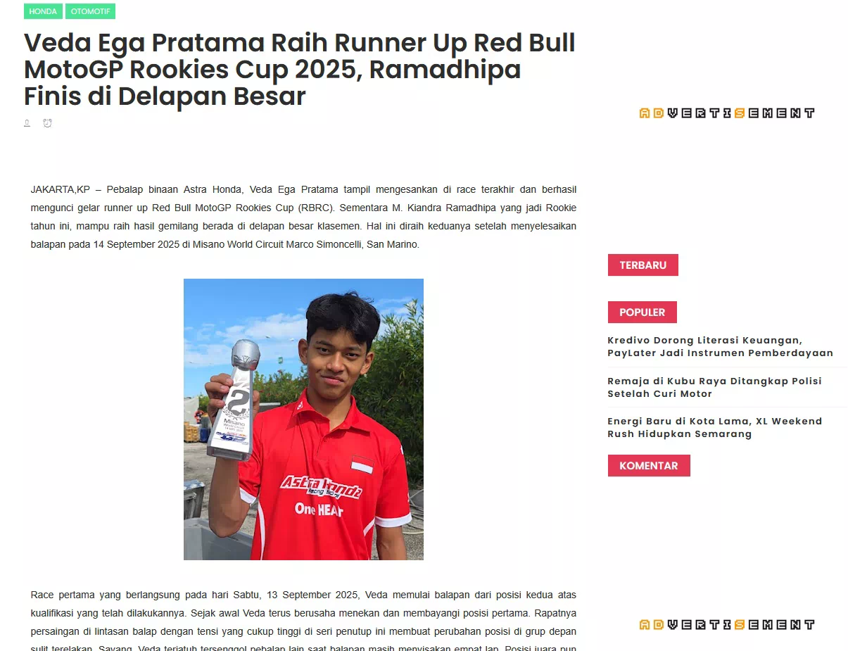 Veda Ega Pratama Raih Runner Up Red Bull MotoGP Rookies Cup 2025, Ramadhipa Finis di Delapan Besar