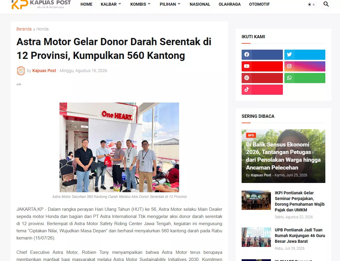 Astra Motor Gelar Donor Darah Serentak di 12 Provinsi, Kumpulkan 560 Kantong