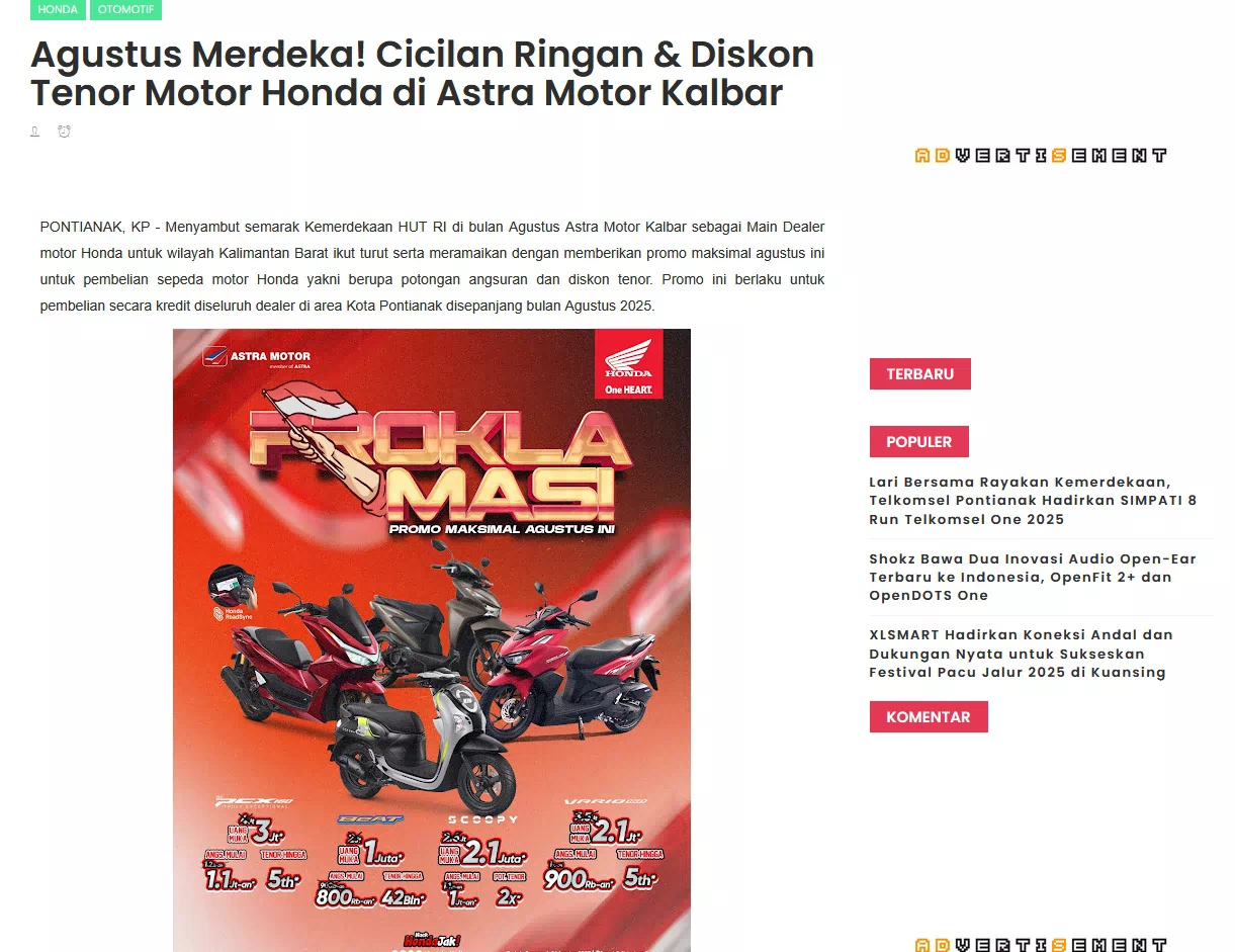 Agustus Merdeka! Cicilan Ringan &amp; Diskon Tenor Motor Honda di Astra Motor Kalbar
