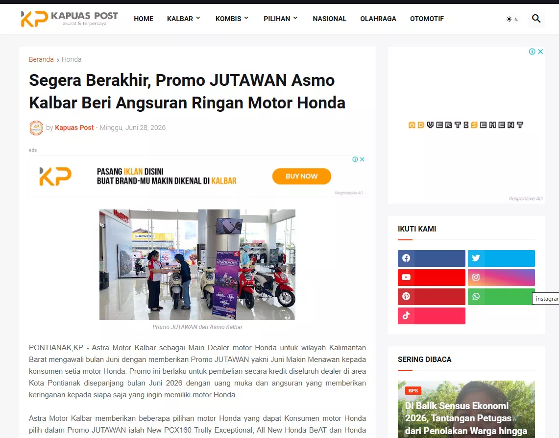 Segera Berakhir, Promo JUTAWAN Asmo Kalbar Beri Angsuran Ringan Motor Honda