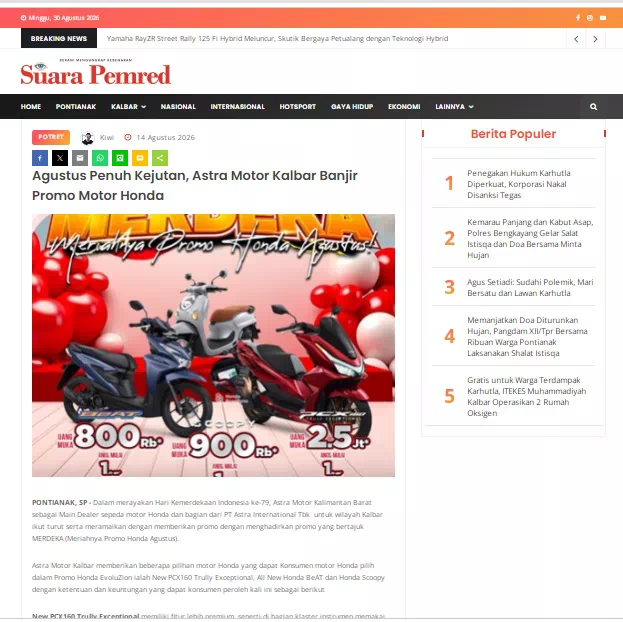 Agustus Penuh Kejutan, Astra Motor Kalbar Banjir Promo Motor Honda