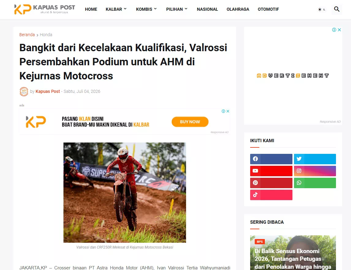 Bangkit dari Kecelakaan Kualifikasi, Valrossi Persembahkan Podium untuk AHM di Kejurnas Motocross