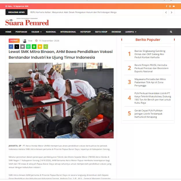 Lewat SMK Mitra Binaan, AHM Bawa Pendidikan Vokasi Berstandar Industri ke Ujung Timur Indonesia