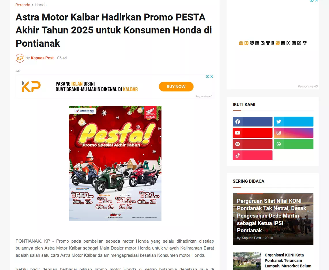 Astra Motor Kalbar Hadirkan Promo PESTA Akhir Tahun 2025 untuk Konsumen Honda di Pontianak