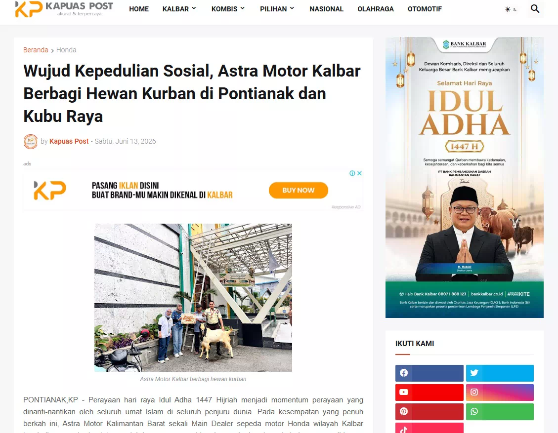 Wujud Kepedulian Sosial, Astra Motor Kalbar Berbagi Hewan Kurban di Pontianak dan Kubu Raya