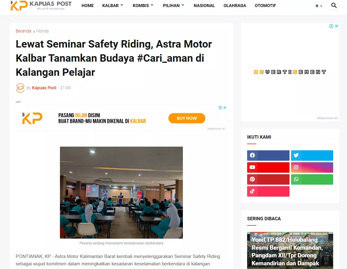 Lewat Seminar Safety Riding, Astra Motor Kalbar Tanamkan Budaya #Cari_aman di Kalangan Pelajar