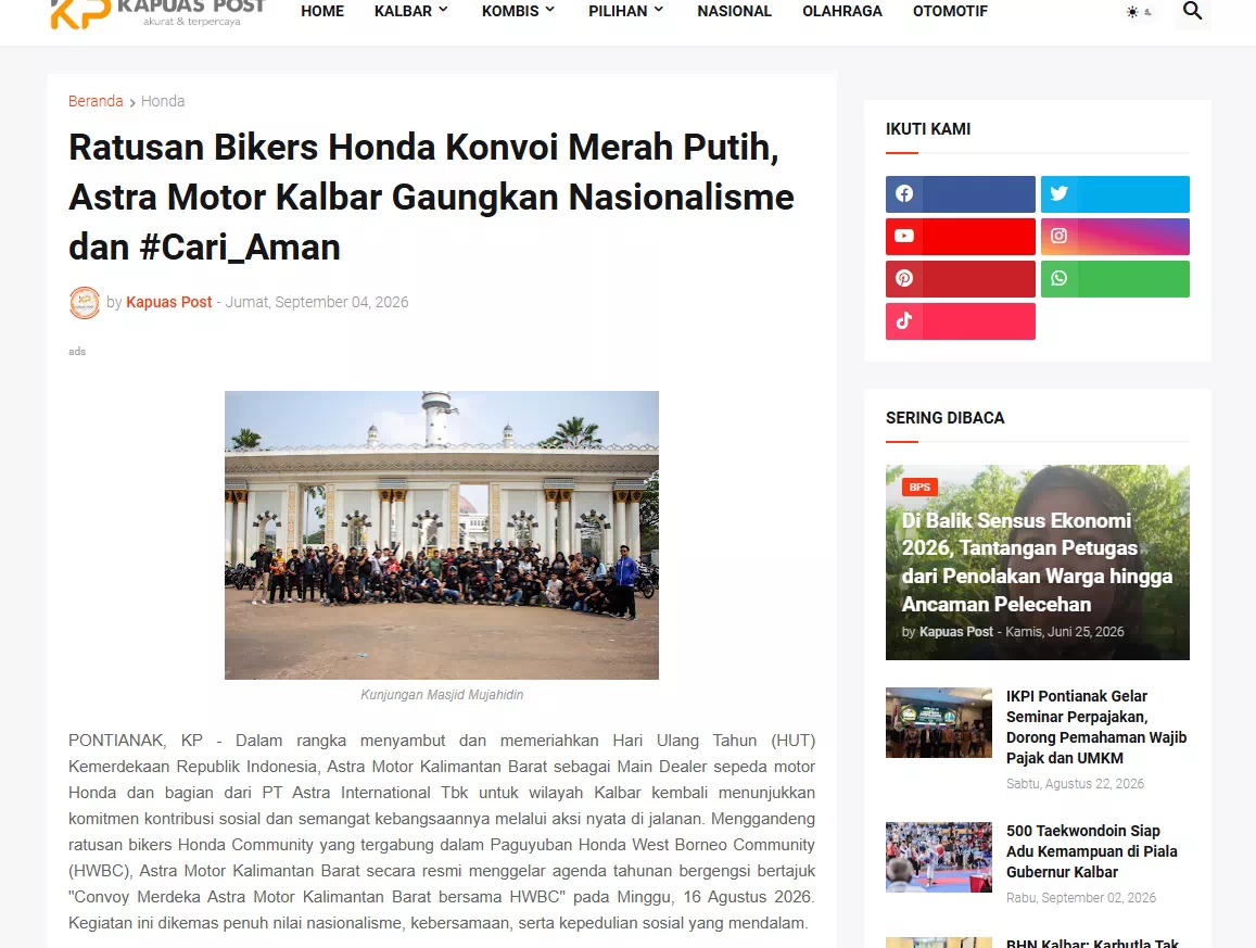 Ratusan Bikers Honda Konvoi Merah Putih, Astra Motor Kalbar Gaungkan Nasionalisme dan #Cari_Aman