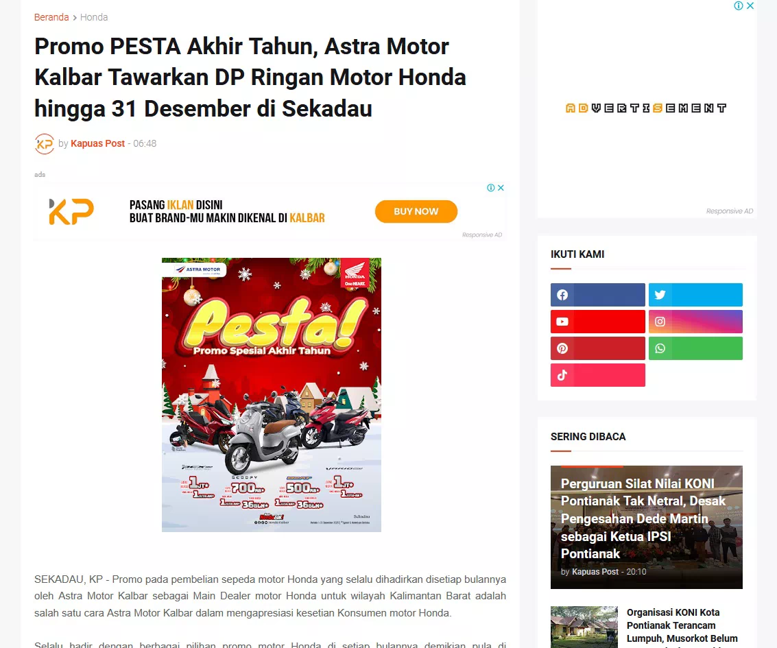 Promo PESTA Akhir Tahun, Astra Motor Kalbar Tawarkan DP Ringan Motor Honda hingga 31 Desember di Sekadau