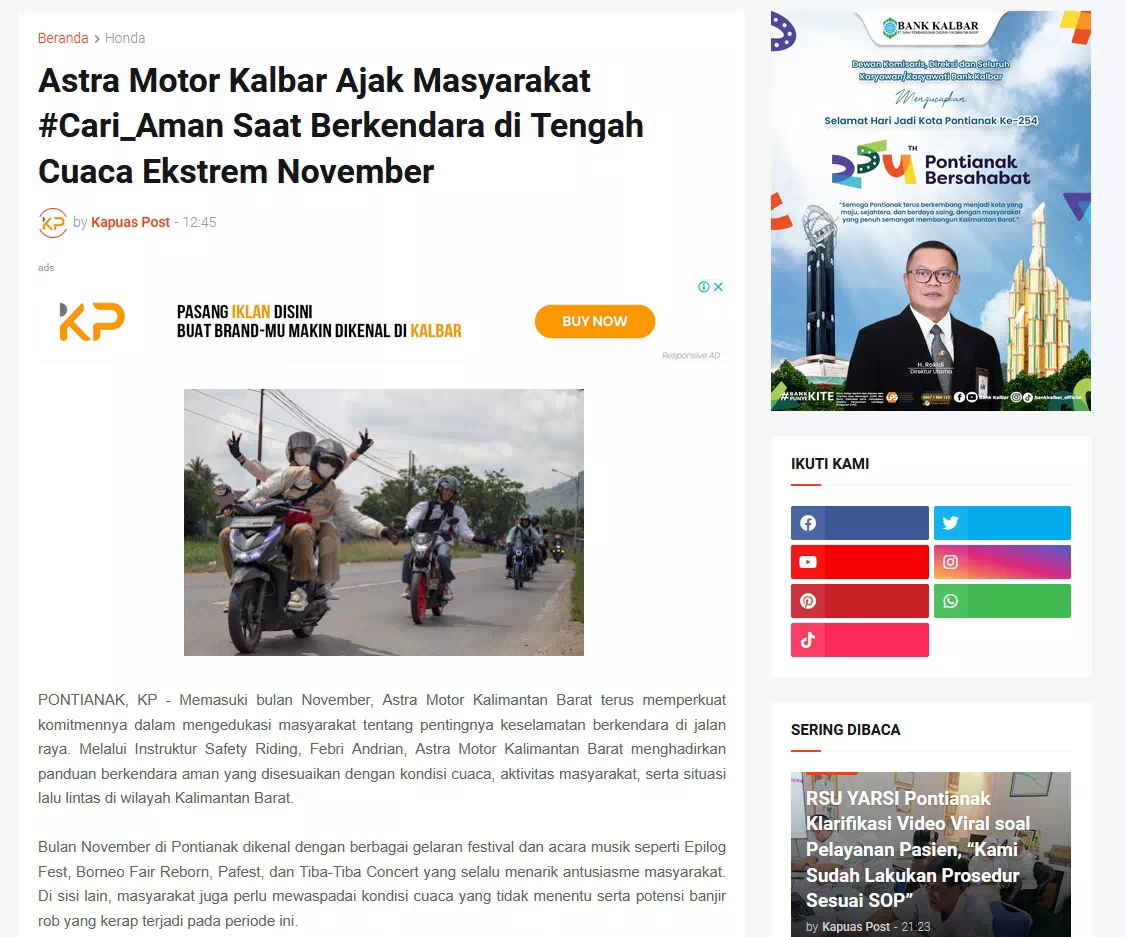 Astra Motor Kalbar Ajak Masyarakat #Cari_Aman Saat Berkendara di Tengah Cuaca Ekstrem November
