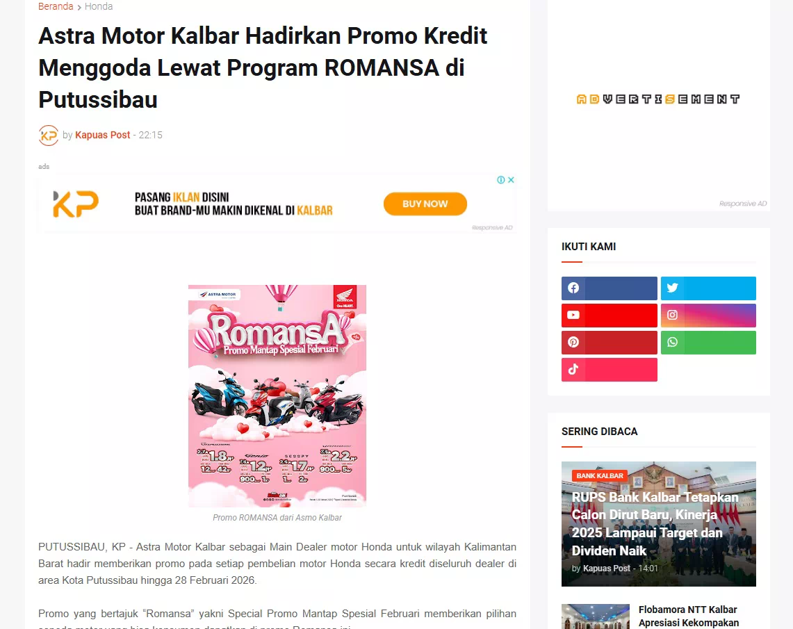 Astra Motor Kalbar Hadirkan Promo Kredit Menggoda Lewat Program ROMANSA di Putussibau