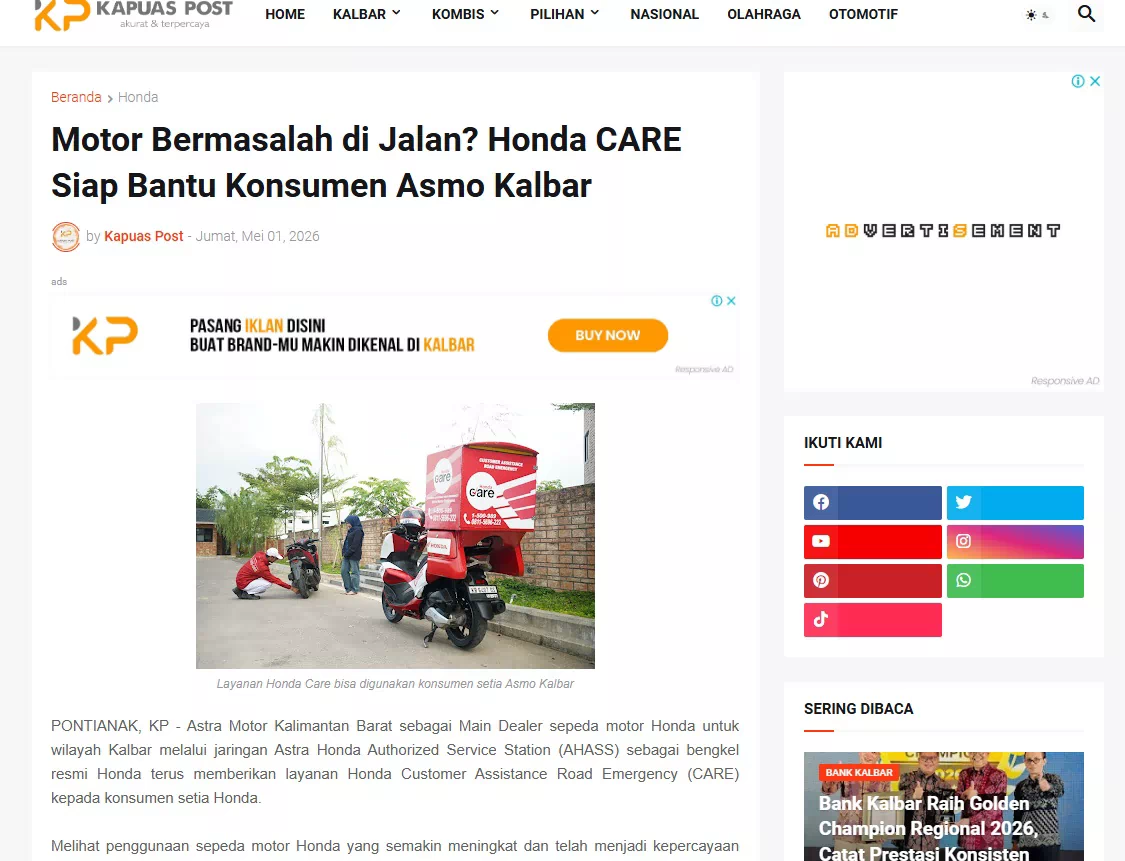 Motor Bermasalah di Jalan? Honda CARE Siap Bantu Konsumen Asmo Kalbar