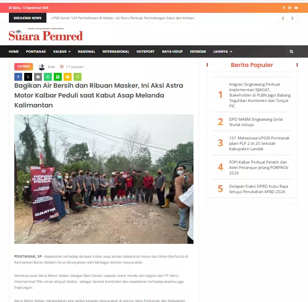 Bagikan Air Bersih dan Ribuan Masker, Ini Aksi Astra Motor Kalbar Peduli saat Kabut Asap Melanda Kalimantan