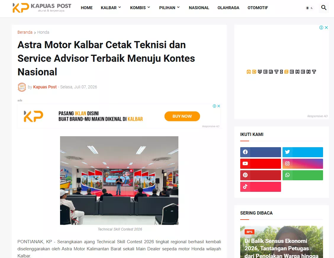 Astra Motor Kalbar Cetak Teknisi dan Service Advisor Terbaik Menuju Kontes Nasional
