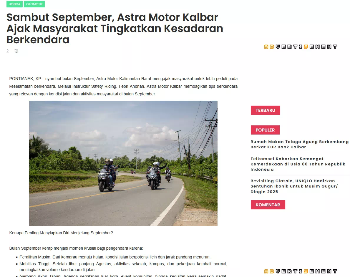 Sambut September, Astra Motor Kalbar Ajak Masyarakat Tingkatkan Kesadaran Berkendara
