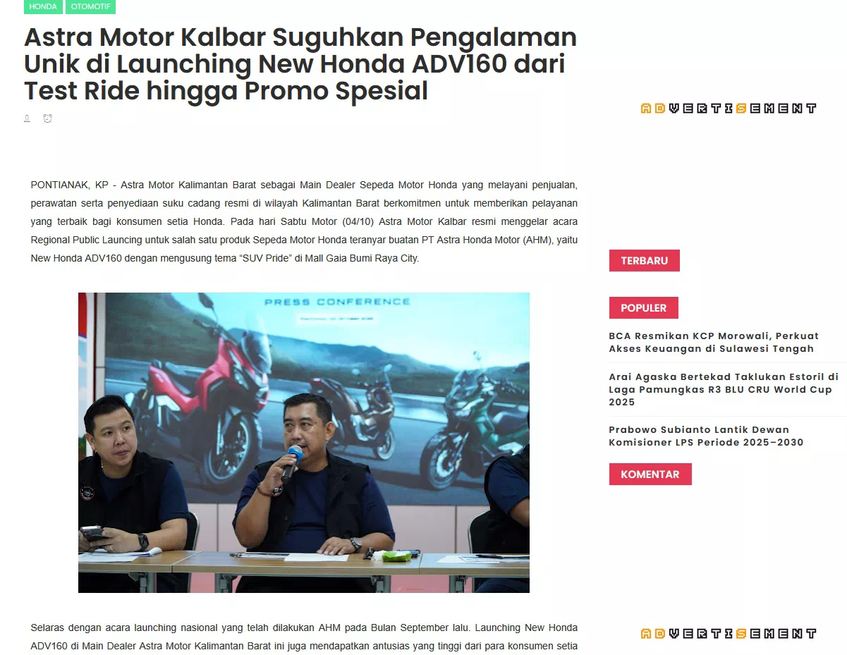 Astra Motor Kalbar Suguhkan Pengalaman Unik di Launching New Honda ADV160 dari Test Ride hingga Promo Spesial