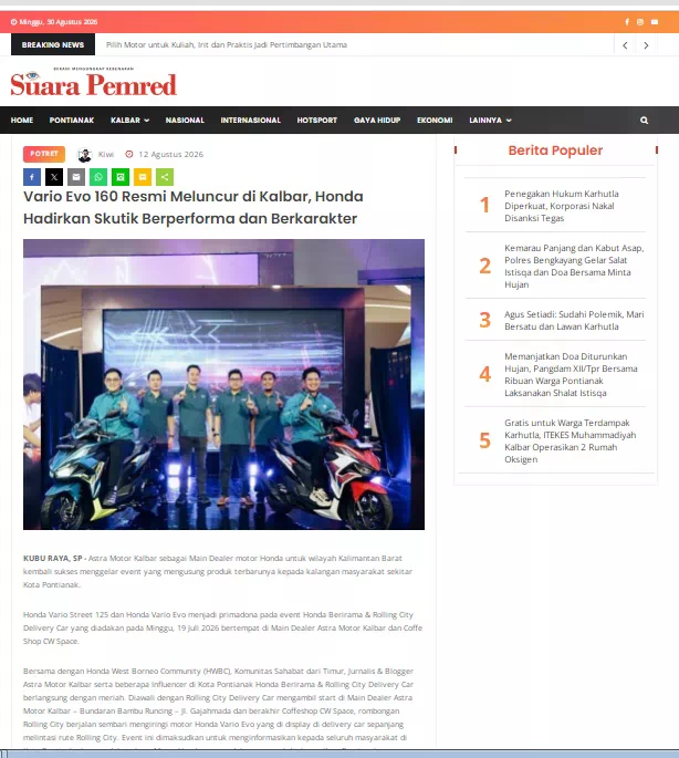 Vario Evo 160 Resmi Meluncur di Kalbar, Honda Hadirkan Skutik Berperforma dan Berkarakter