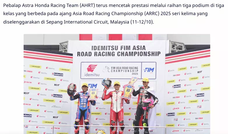 CBR Series Melesat, Pebalap Astra Honda Raih Tiga Podium ARRC Malaysia