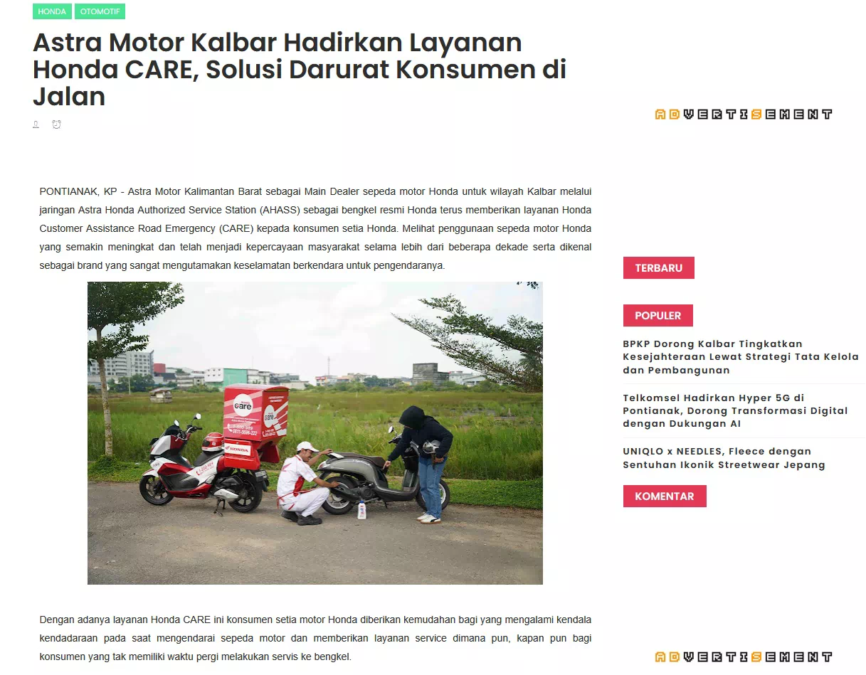 Astra Motor Kalbar Hadirkan Layanan Honda CARE, Solusi Darurat Konsumen di Jalan