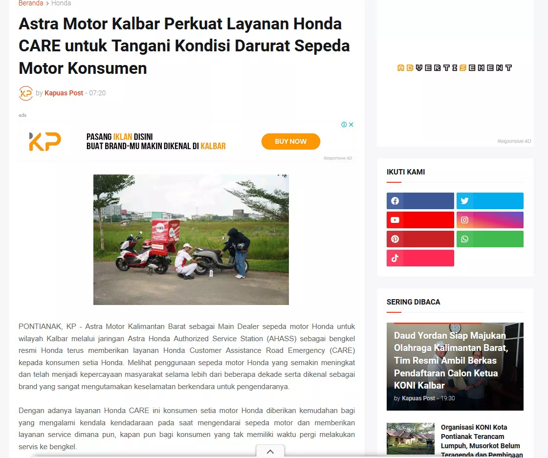 Astra Motor Kalbar Perkuat Layanan Honda CARE untuk Tangani Kondisi Darurat Sepeda Motor Konsumen