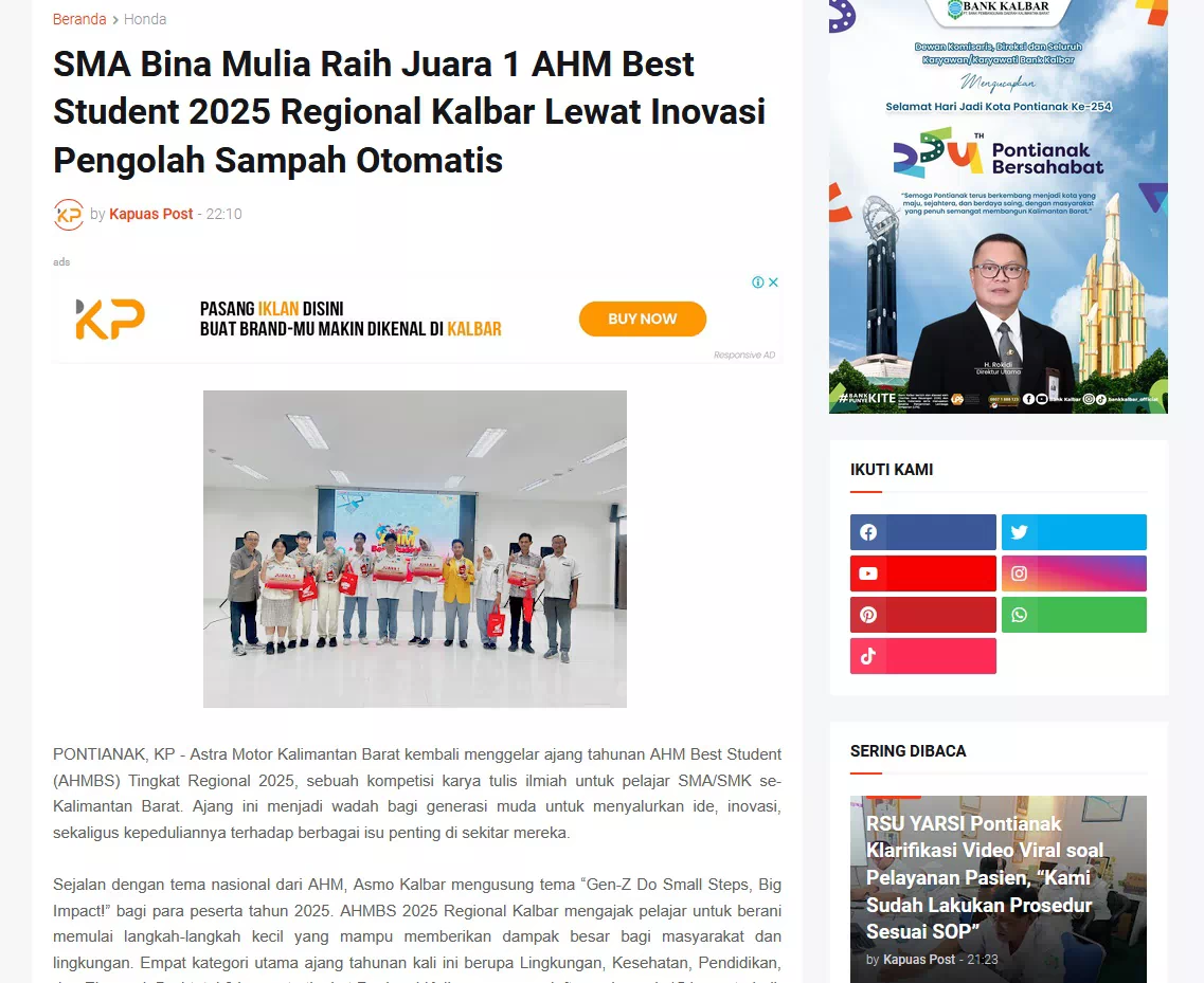 SMA Bina Mulia Raih Juara 1 AHM Best Student 2025 Regional Kalbar Lewat Inovasi Pengolah Sampah Otomatis