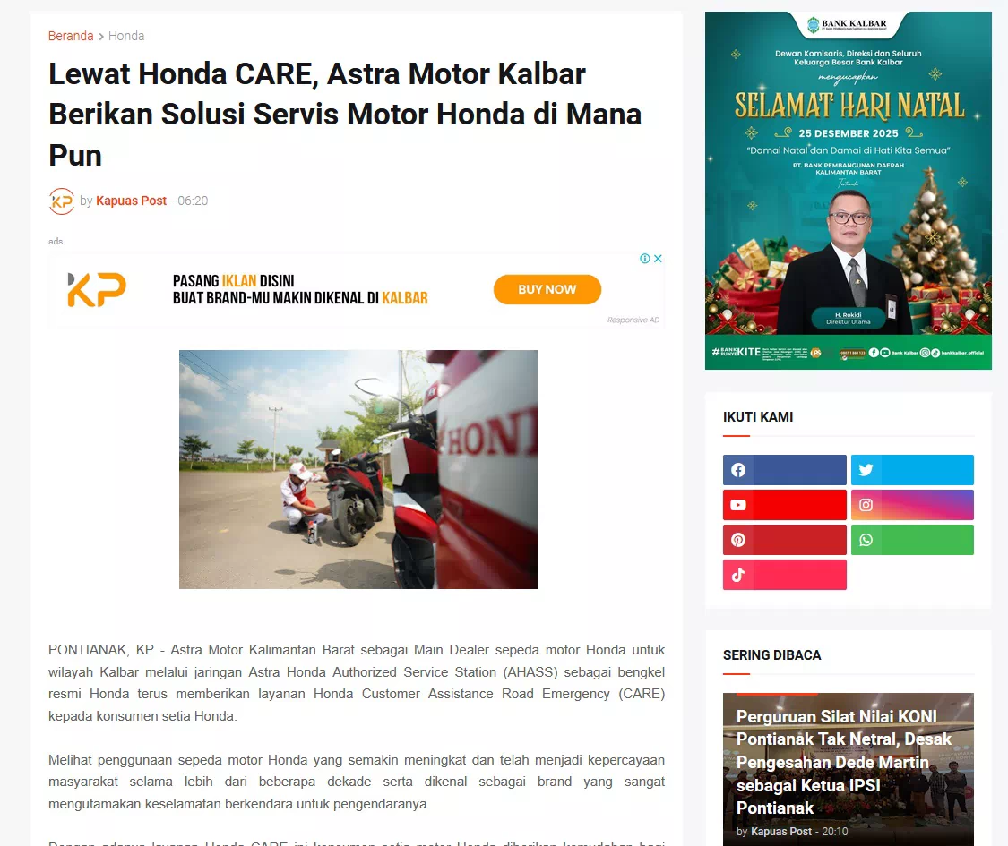 Lewat Honda CARE, Astra Motor Kalbar Berikan Solusi Servis Motor Honda di Mana Pun