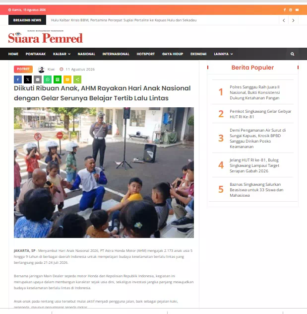 Diikuti Ribuan Anak, AHM Rayakan Hari Anak Nasional dengan Gelar Serunya Belajar Tertib Lalu Lintas