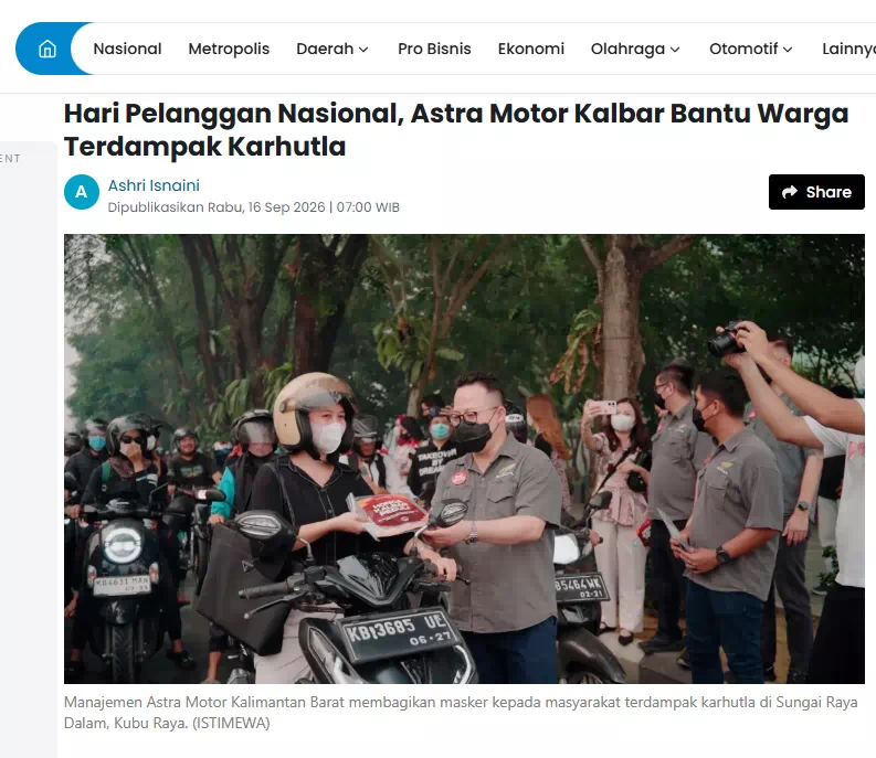 Hari Pelanggan Nasional, Astra Motor Kalbar Bantu Warga Terdampak Karhutla
