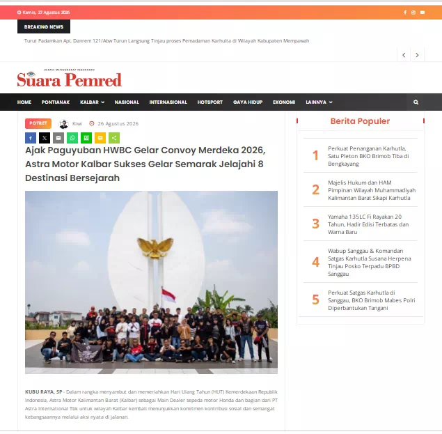 Ajak Paguyuban HWBC Gelar Convoy Merdeka 2026, Astra Motor Kalbar Sukses Gelar Semarak Jelajahi 8 Destinasi Bersejarah