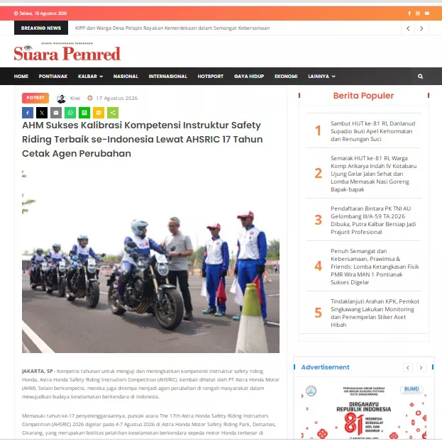 AHM Sukses Kalibrasi Kompetensi Instruktur Safety Riding Terbaik se-Indonesia Lewat AHSRIC 17 Tahun Cetak Agen Perubahan