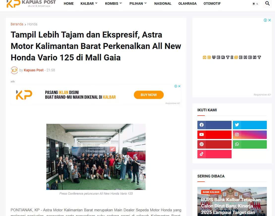 Tampil Lebih Tajam dan Ekspresif, Astra Motor Kalimantan Barat Perkenalkan All New Honda Vario 125 di Mall Gaia