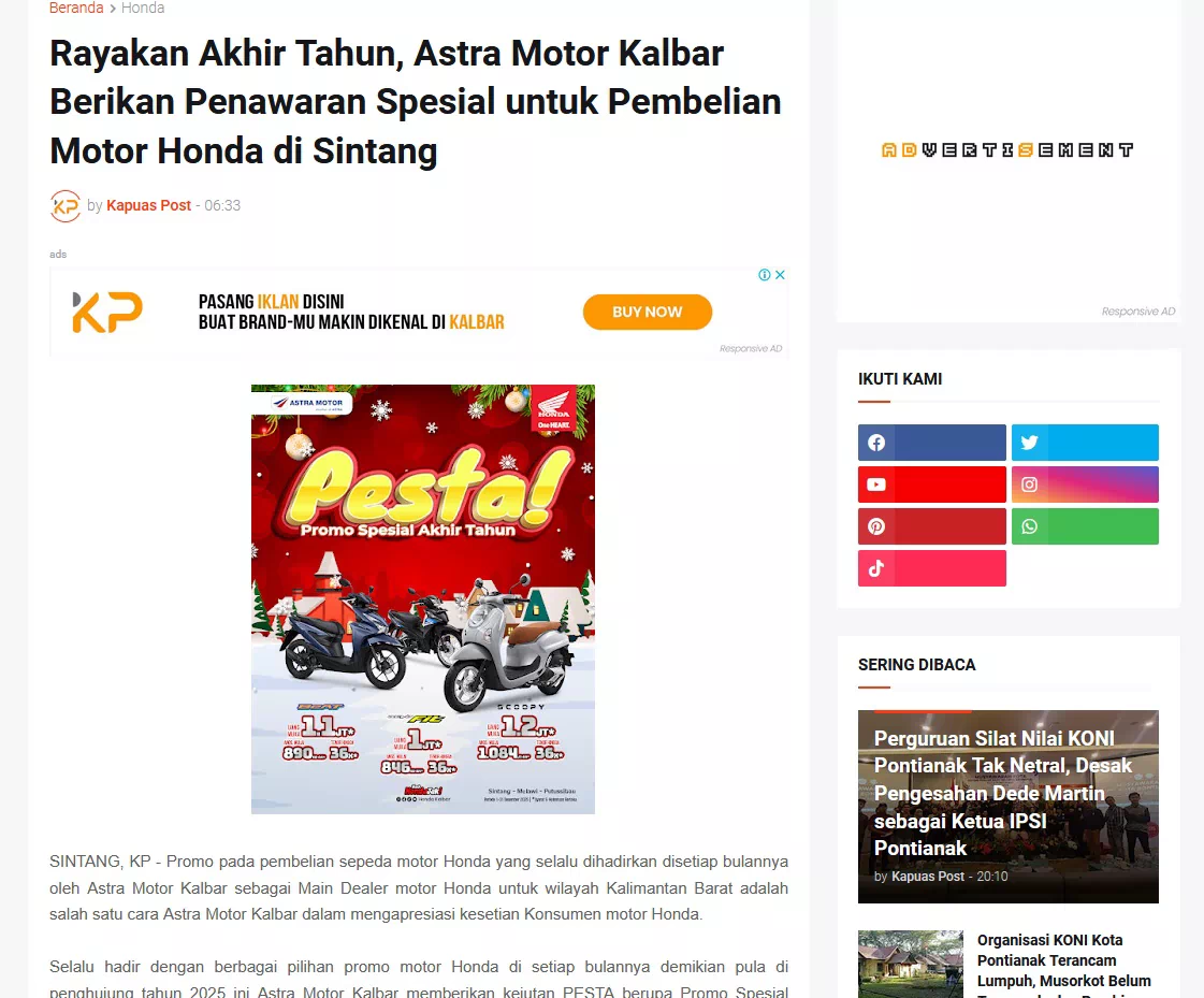Rayakan Akhir Tahun, Astra Motor Kalbar Berikan Penawaran Spesial untuk Pembelian Motor Honda di Sintang