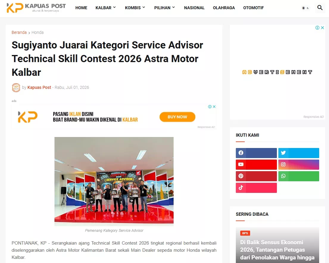 Sugiyanto Juarai Kategori Service Advisor Technical Skill Contest 2026 Astra Motor Kalbar