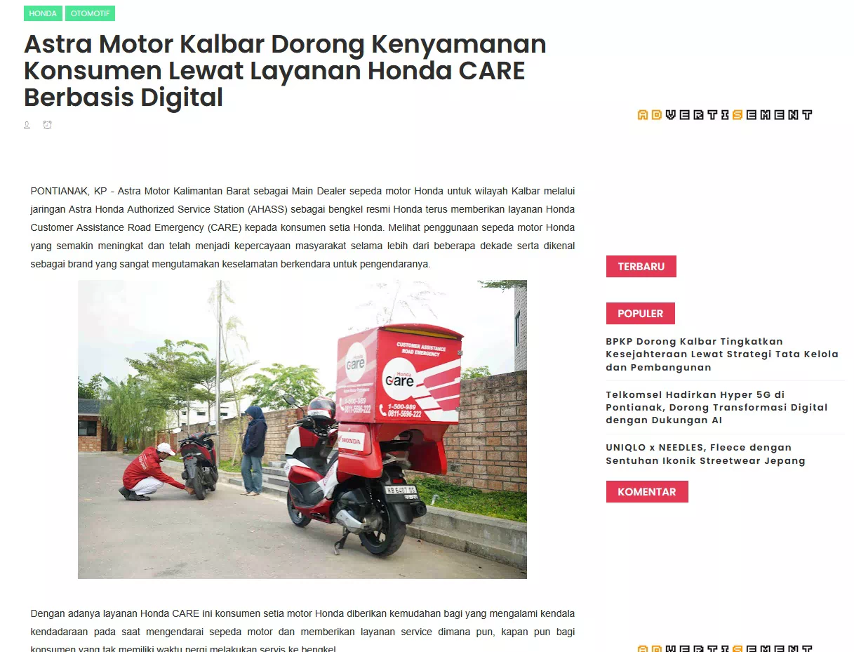 Astra Motor Kalbar Dorong Kenyamanan Konsumen Lewat Layanan Honda CARE Berbasis Digital