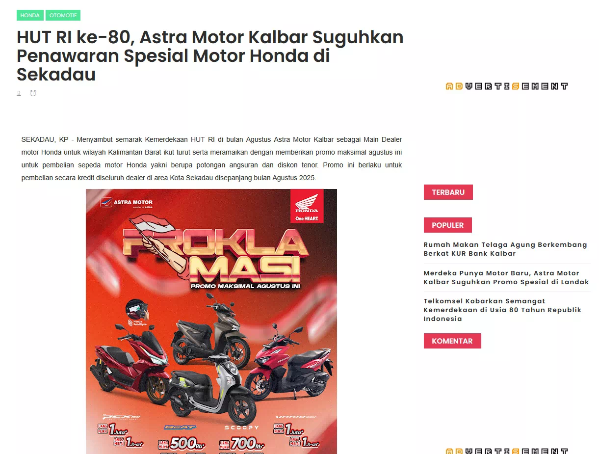 HUT RI ke-80, Astra Motor Kalbar Suguhkan Penawaran Spesial Motor Honda di Sekadau