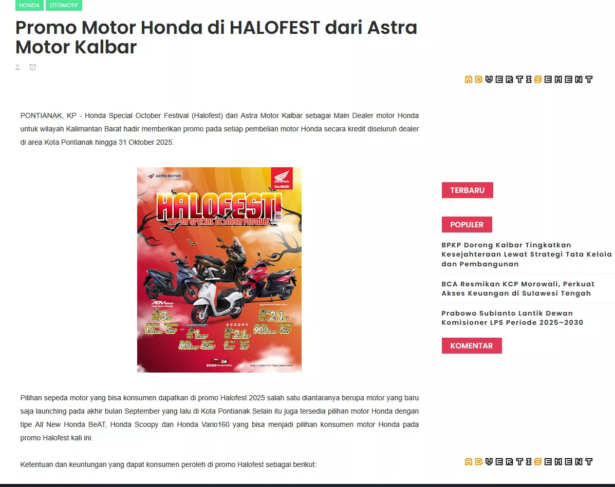 Promo Motor Honda di HALOFEST dari Astra Motor Kalbar