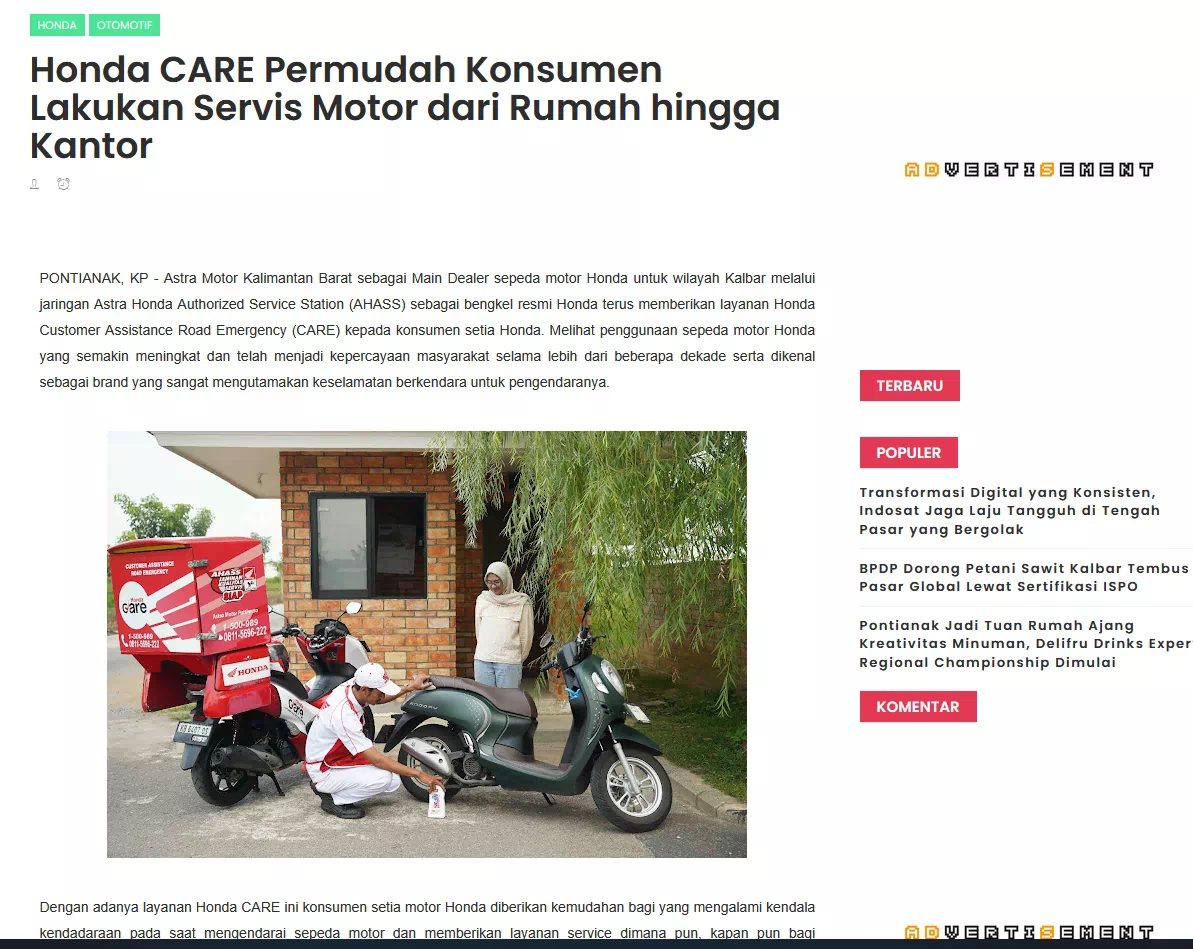 Honda CARE Permudah Konsumen Lakukan Servis Motor dari Rumah hingga Kantor