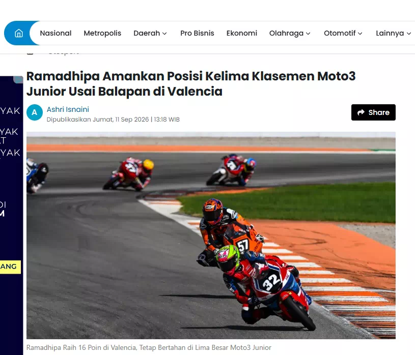 Ramadhipa Amankan Posisi Kelima Klasemen Moto3 Junior Usai Balapan di Valencia