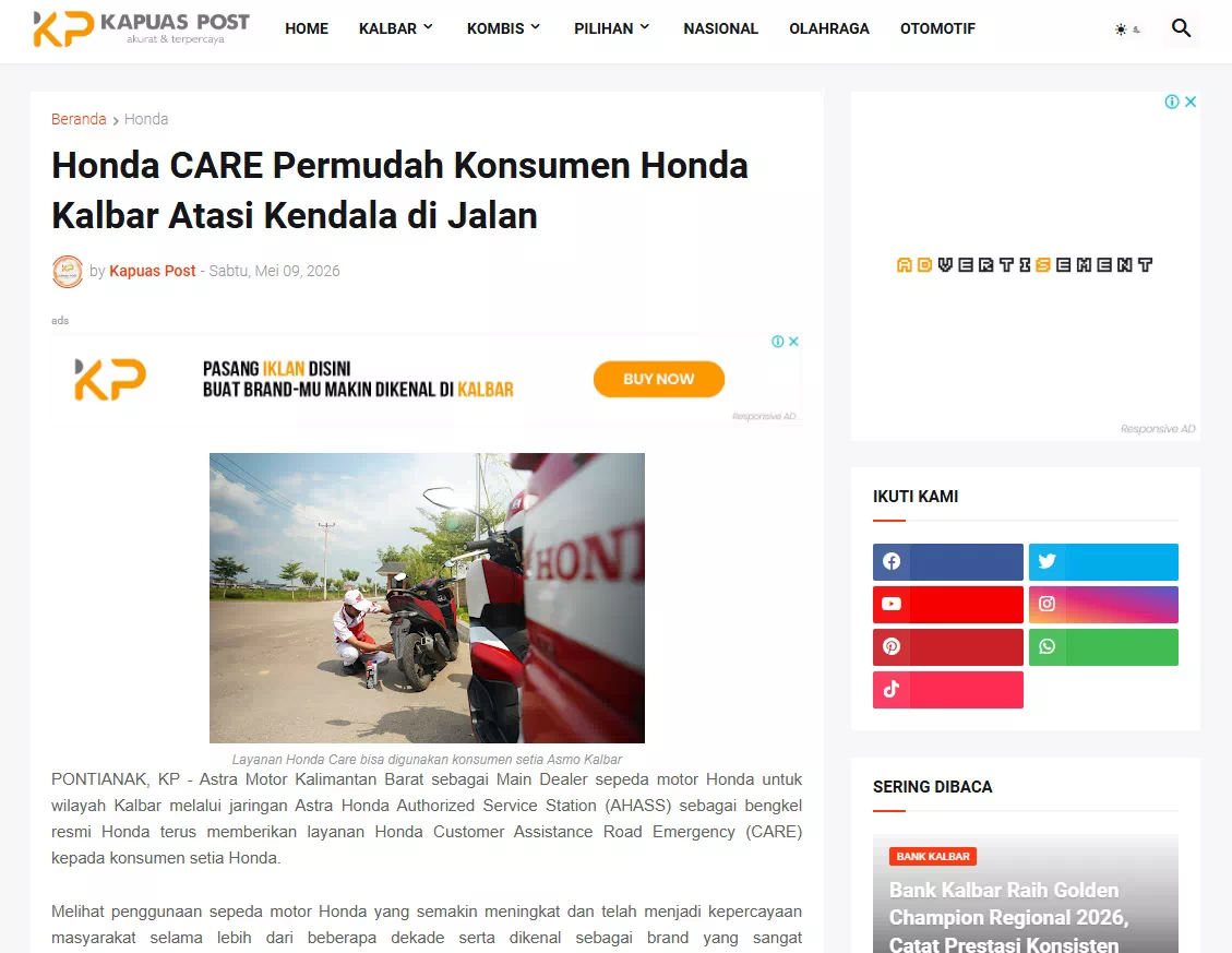 Honda CARE Permudah Konsumen Honda Kalbar Atasi Kendala di Jalan