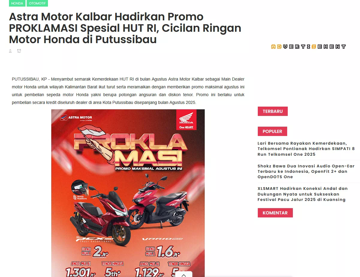Astra Motor Kalbar Hadirkan Promo PROKLAMASI Spesial HUT RI, Cicilan Ringan Motor Honda di Putussibau