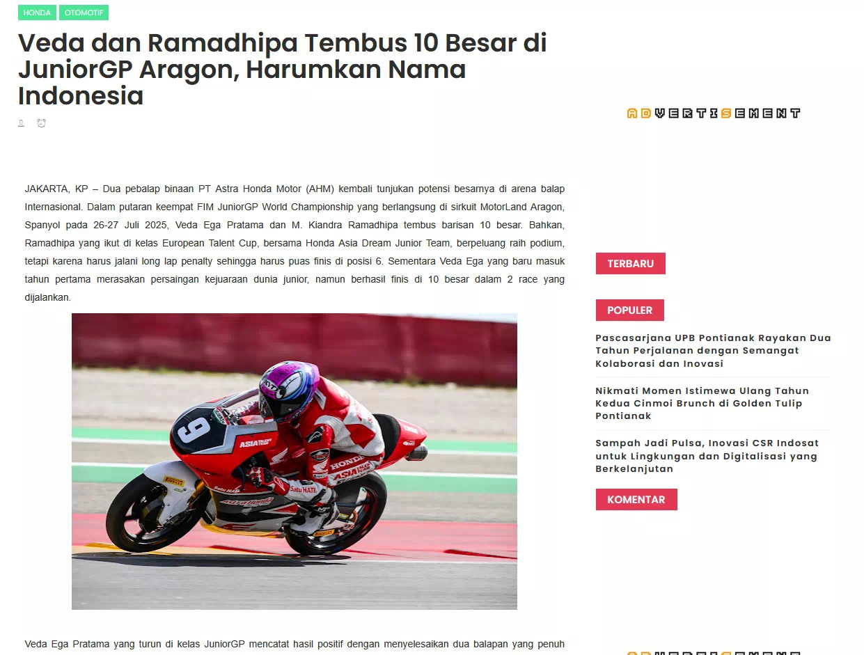 Veda dan Ramadhipa Tembus 10 Besar di JuniorGP Aragon, Harumkan Nama Indonesia