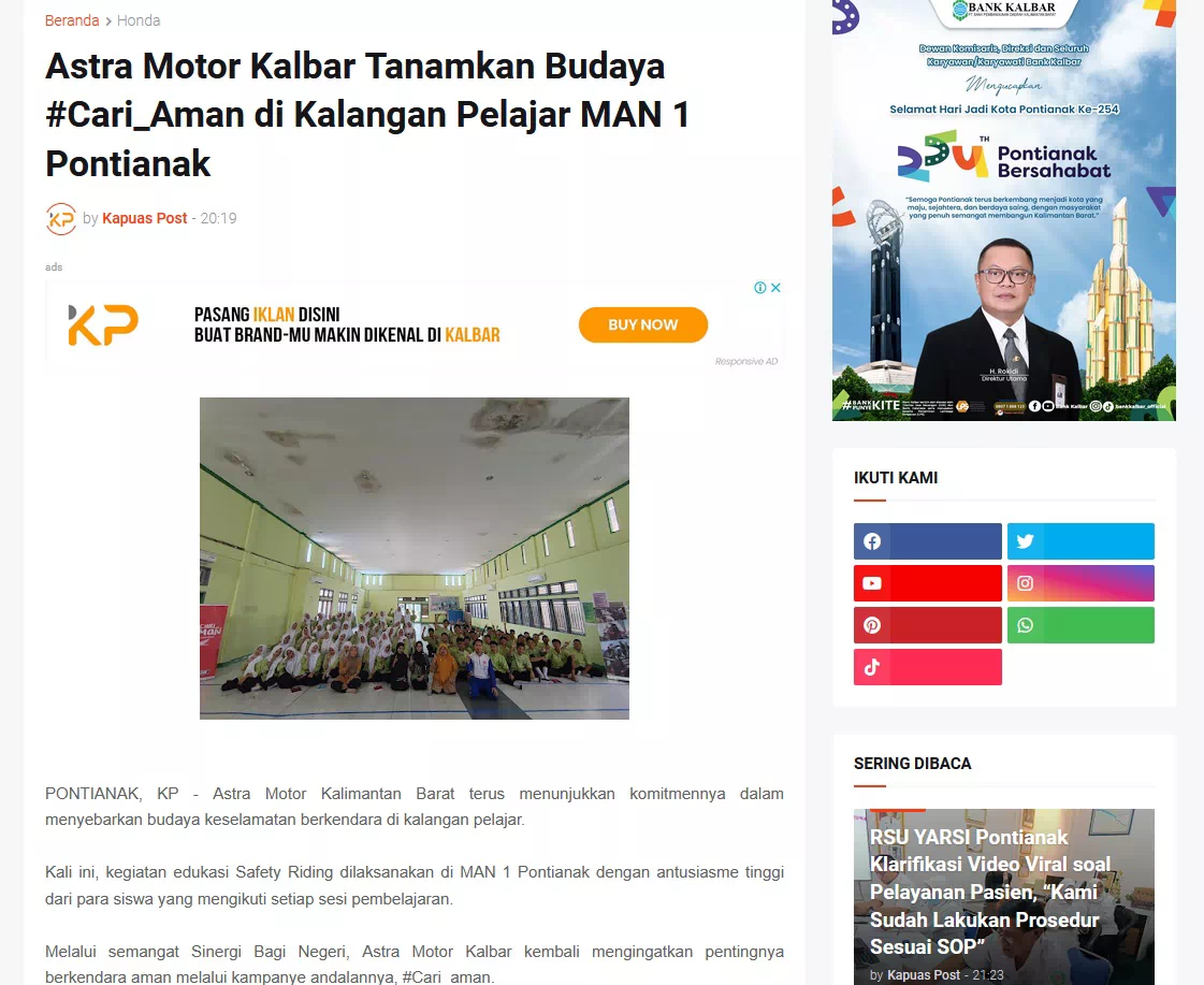 Astra Motor Kalbar Tanamkan Budaya #Cari_Aman di Kalangan Pelajar MAN 1 Pontianak