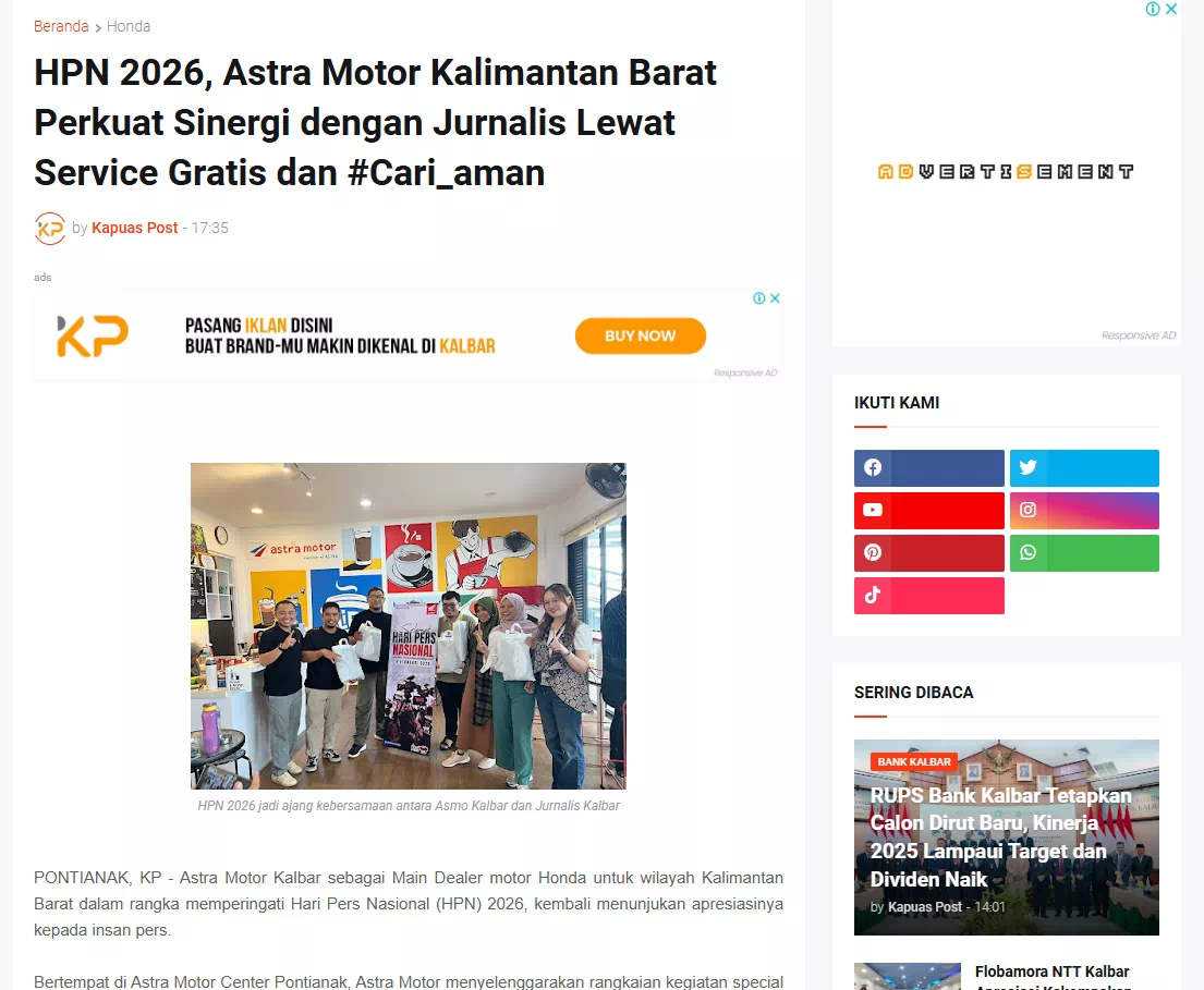 HPN 2026, Astra Motor Kalimantan Barat Perkuat Sinergi dengan Jurnalis Lewat Service Gratis dan #Cari_aman