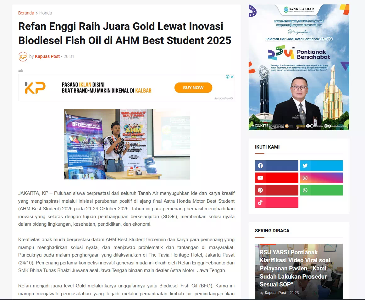 Refan Enggi Raih Juara Gold Lewat Inovasi Biodiesel Fish Oil di AHM Best Student 2025