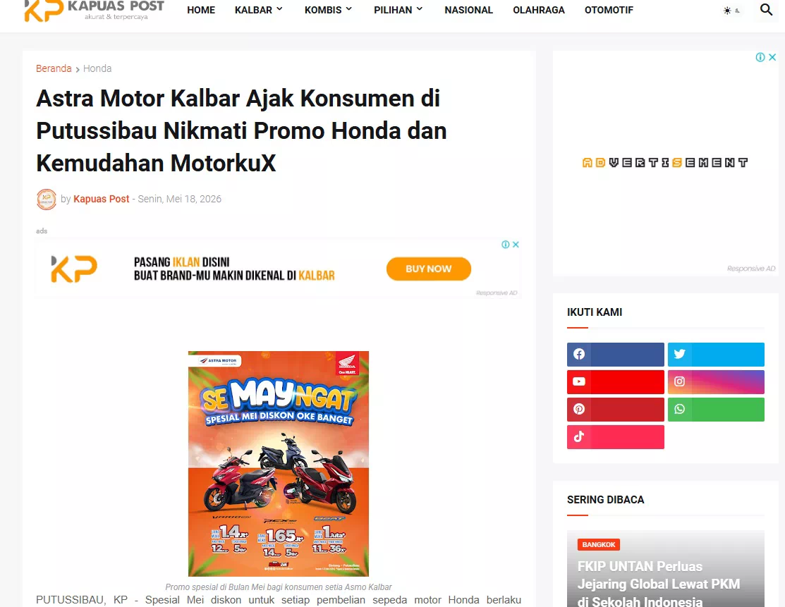 Astra Motor Kalbar Ajak Konsumen di Putussibau Nikmati Promo Honda dan Kemudahan MotorkuX