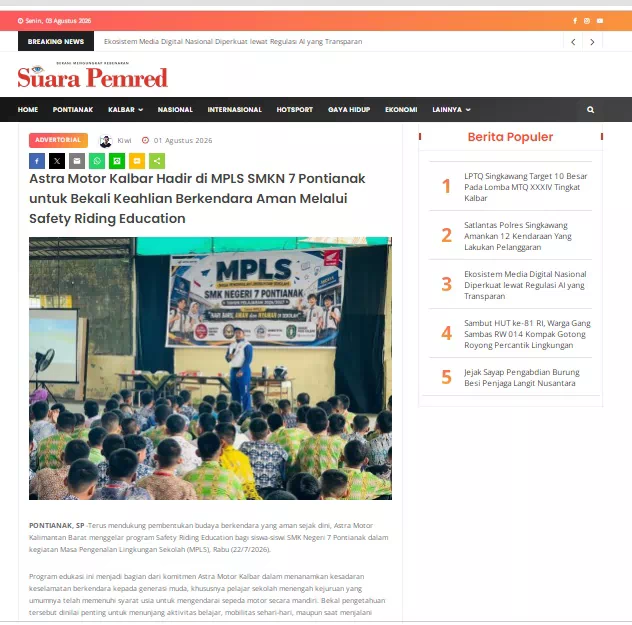 Astra Motor Kalbar Hadir di MPLS SMKN 7 Pontianak untuk Bekali Keahlian Berkendara Aman Melalui Safety Riding Education