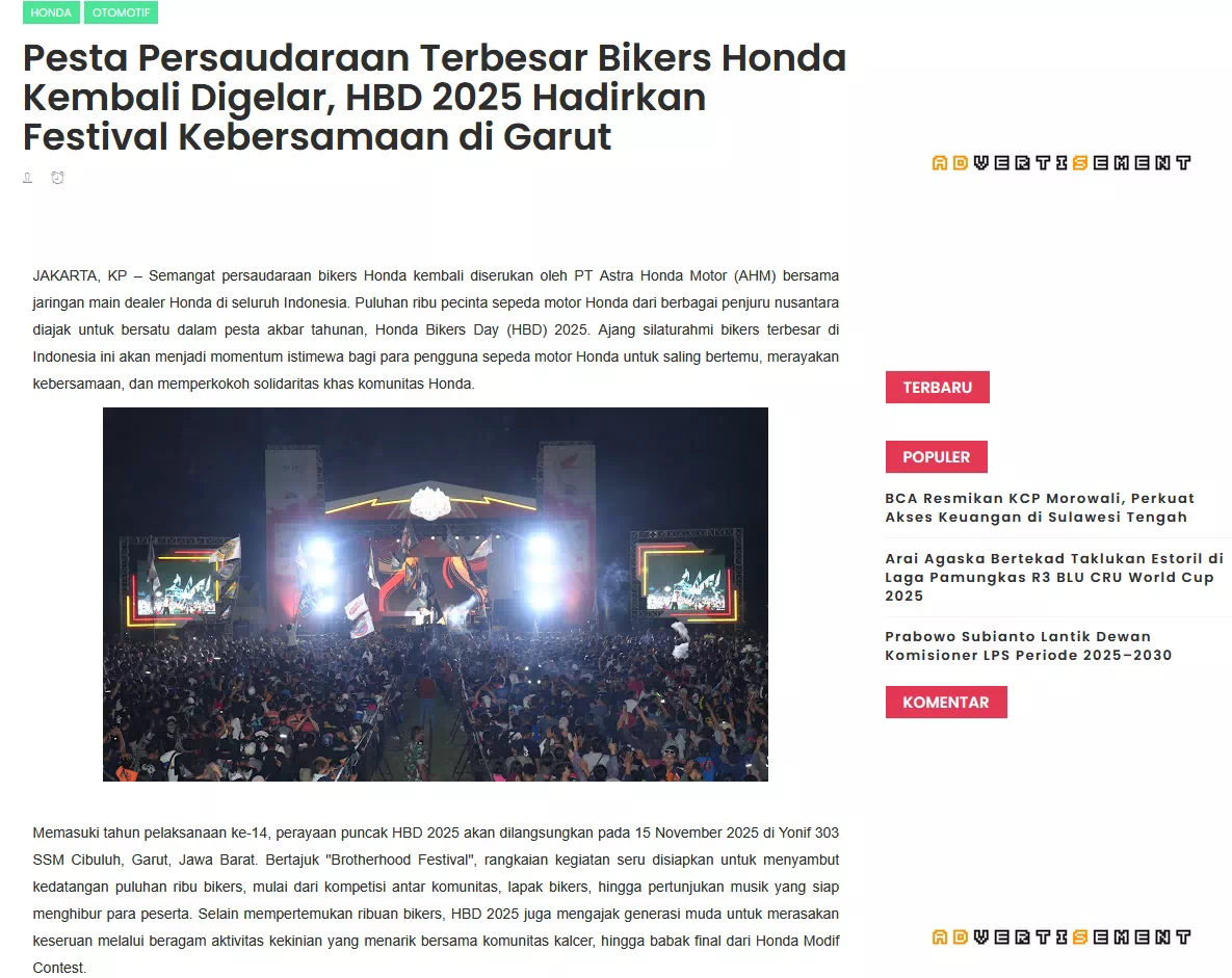 Pesta Persaudaraan Terbesar Bikers Honda Kembali Digelar, HBD 2025 Hadirkan Festival Kebersamaan di Garut
