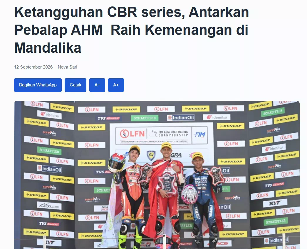 Ketangguhan CBR series, Antarkan Pebalap AHM  Raih Kemenangan di Mandalika
