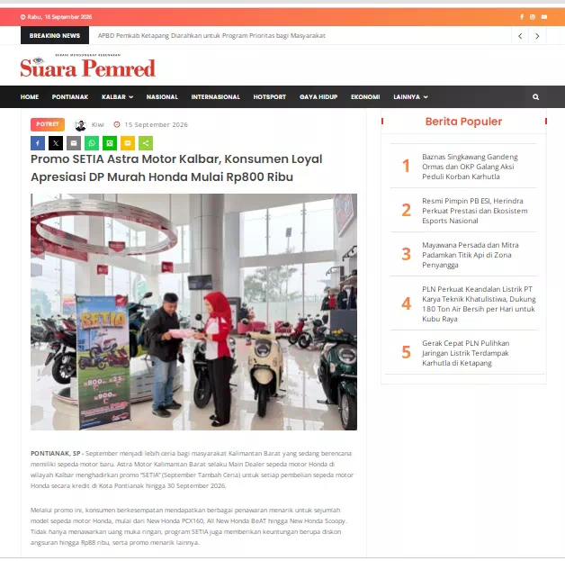 Promo SETIA Astra Motor Kalbar, Konsumen Loyal Apresiasi DP Murah Honda Mulai Rp800 Ribu