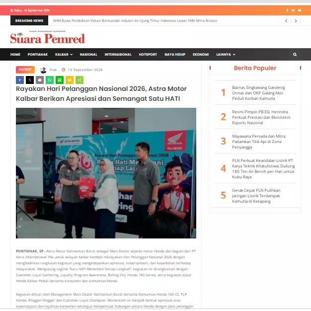 Rayakan Hari Pelanggan Nasional 2026, Astra Motor Kalbar Berikan Apresiasi dan Semangat Satu HATI