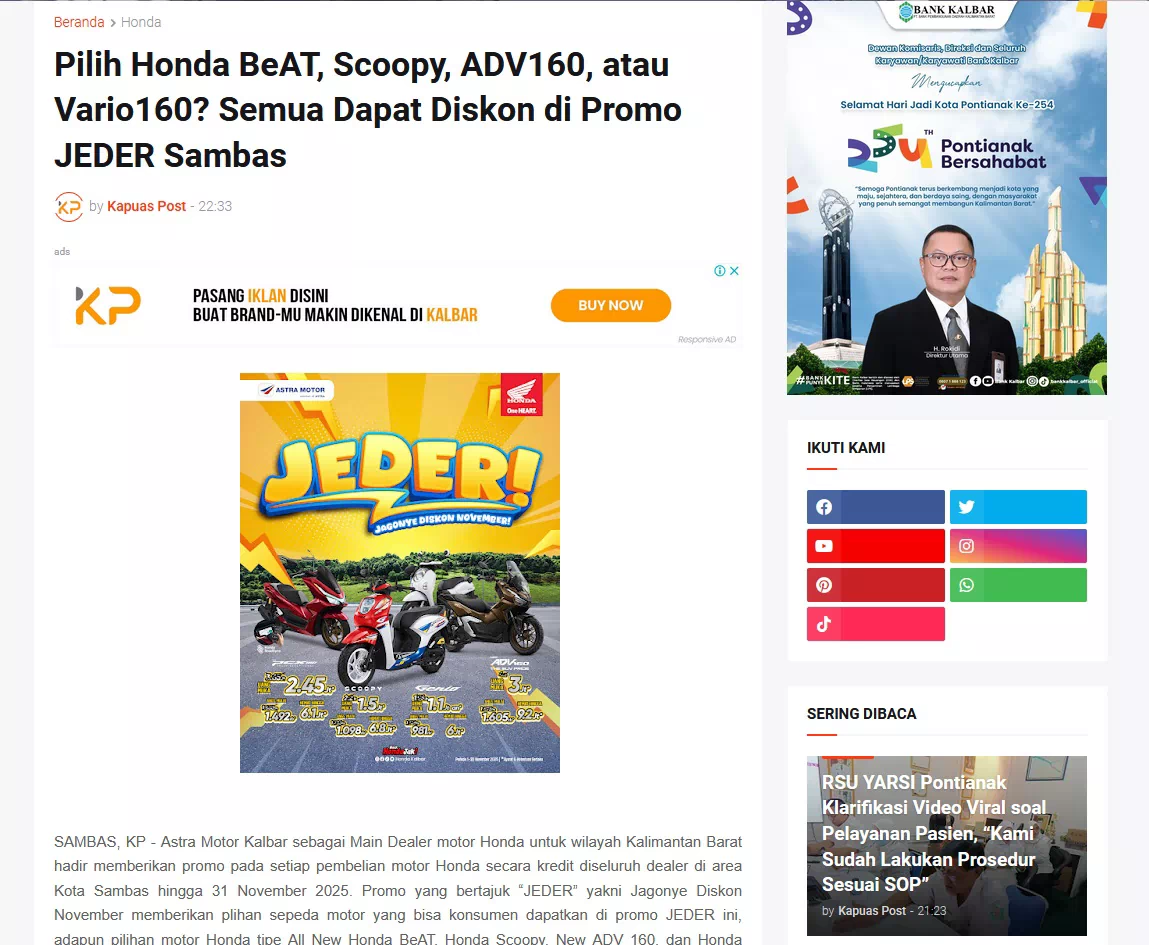 Pilih Honda BeAT, Scoopy, ADV160, atau Vario160? Semua Dapat Diskon di Promo JEDER Sambas